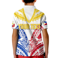 Kids white polo shirt back 'YOUR TEXT' tribal eagle sun and stars graphic