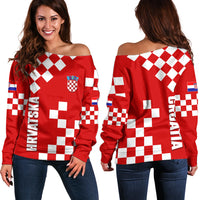Croatia National Day Off Shoulder Sweater Checkerboard Hrvatska Simple Style 02 - Wonder Print Shop