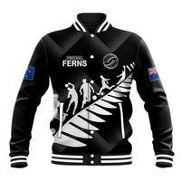 Black baseball jacket with striped rib collar, striped cuffs, and Football Ferns graphic