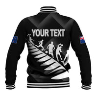 Black baseball jacket back with striped rib collar and large 'YOUR TEXT' graphic