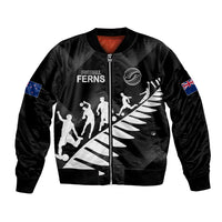 Black bomber jacket with front zip and player graphic, Football Ferns emblem, NZ sleeve flags
