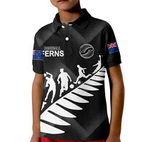Black kid polo shirt with collar, football ferns front print and NZ flag sleeve