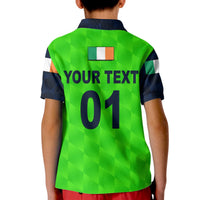 Green kid cricket polo shirt back view with flag patch, 'YOUR TEXT' and '01'