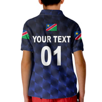 Kid navy cricket polo back with check pattern, YOUR TEXT and 01, flag sleeve stripes
