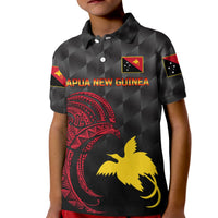 Kids black cricket polo shirt with geometric pattern, collar, and bird crest graphic