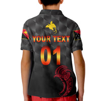 Kids black cricket polo shirt back with YOUR TEXT and 01 plus bird crest