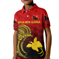 Kids red cricket polo with Papua New Guinea graphic, button collar, sleeve patches