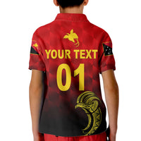 Kids red cricket polo shirt back with large YOUR TEXT 01 print and crest graphics