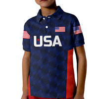 Kid cricket polo shirt, navy check pattern with USA front print and sleeve flags