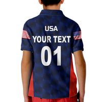 Kid cricket polo shirt, back view with USA 01 text and red white stripe flags