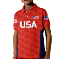 Kids red cricket polo shirt with USA flag, USA print, blue side panel