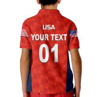 Kids red cricket polo back with USA, custom text, number 01, blue side
