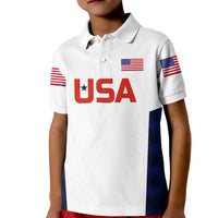 Kids white cricket polo shirt with USA flag and USA logo graphic on chest