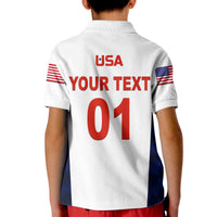 Kids white back of cricket polo with USA text, large YOUR TEXT and 01 numbers