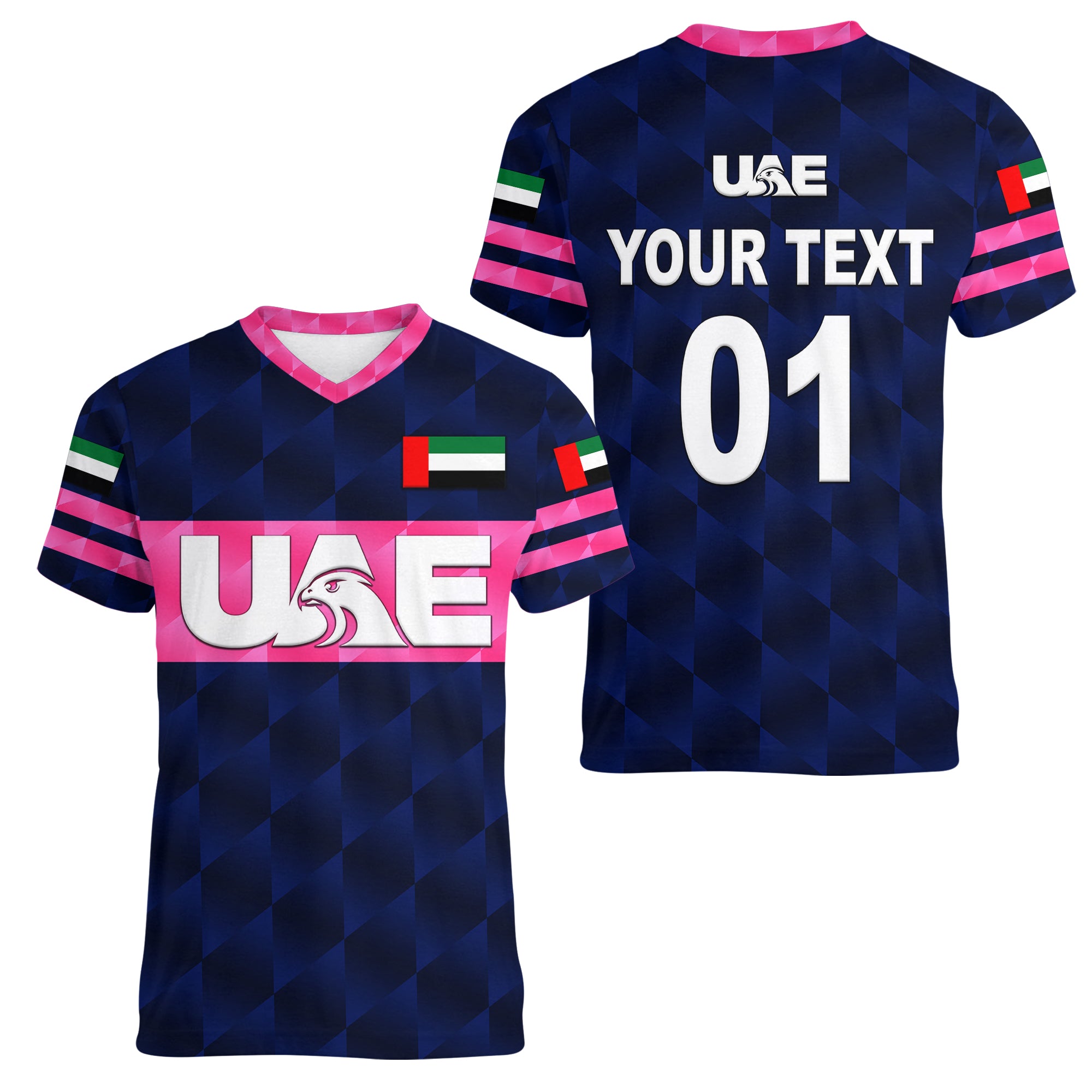 custom-personalised-united-arab-emirates-uae-cricket-women-v-neck-t-shirt-falcon-unique-navy