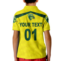 Kids yellow cricket polo with green collar, back graphic YOUR TEXT 01