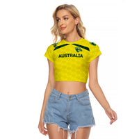Yellow cropped raglan T-shirt with Australia cricket graphic, green collar trim