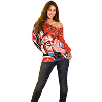 Canada Haida Off Shoulder Sweater Classic Haida Stylized Raven in red - Wonder Print Shop