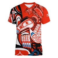 Canada Haida Women V Neck T Shirt Classic Haida Stylized Raven in red - Wonder Print Shop