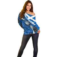 (Custom Personalised) Scottish Thistle Tartan Off Shoulder Sweater Scottish Alba Flag Style - Wonder Print Shop