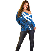 Scottish Alba Flag Off Shoulder Sweater Scottish Colourful Tartan Blue Version - Wonder Print Shop