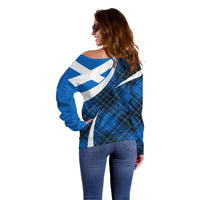 Scottish Alba Flag Off Shoulder Sweater Scottish Colourful Tartan Blue Version - Wonder Print Shop