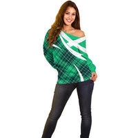 Scottish Alba Flag Off Shoulder Sweater Scottish Colourful Tartan Turquoise Version - Wonder Print Shop