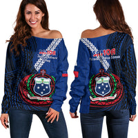 Samoa Off Shoulder Sweater Happy Independence Day Samoan Blue Pattern - Wonder Print Shop