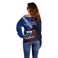Samoa Off Shoulder Sweater Happy Independence Day Samoan Blue Pattern - Wonder Print Shop