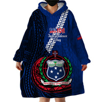 Samoa Wearable Blanket Hoodie Happy Independence Day Samoan Blue Pattern - Wonder Print Shop