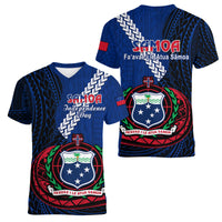 Samoa Women V Neck T Shirt Happy Independence Day Samoan Blue Pattern - Wonder Print Shop