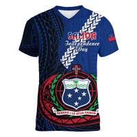 Samoa Women V Neck T Shirt Happy Independence Day Samoan Blue Pattern - Wonder Print Shop