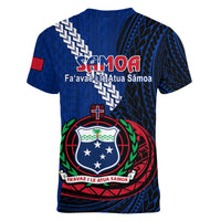 Samoa Women V Neck T Shirt Happy Independence Day Samoan Blue Pattern - Wonder Print Shop