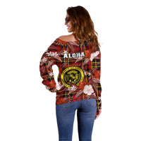 Hawaii State Off Shoulder Sweater Tropical Flowers Mix Tartan Red Version - Wonder Print Shop