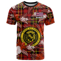 Hawaii State T Shirt Tropical Flowers Mix Tartan Red Version - Wonder Print Shop