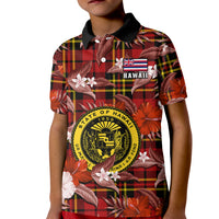 Custom Hawaii State Polo Shirt for Kid Tropical Flowers Mix Tartan Red Version - Wonder Print Shop