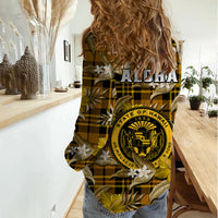 Hawaii State Women Casual Shirt Tropical Flowers Mix Tartan Gold Version - Wonder Print Shop