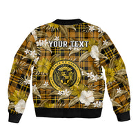 (Custom Personalised) Hawaii State Bomber Jacket Tropical Flowers Mix Tartan Gold Version - Wonder Print Shop