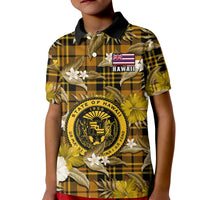 Custom Hawaii State Polo Shirt for Kid Tropical Flowers Mix Tartan Gold Version - Wonder Print Shop
