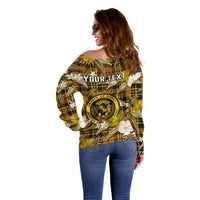 (Custom Personalised) Hawaii State Off Shoulder Sweater Tropical Flowers Mix Tartan Gold Version - Wonder Print Shop