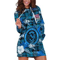 Hawaii State Hoodie Dress Tropical Flowers Mix Tartan Blue Version - Wonder Print Shop