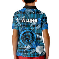 Hawaii State Polo Shirt for Kid Tropical Flowers Mix Tartan Blue Version - Wonder Print Shop