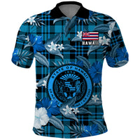 Hawaii State Polo Shirt Tropical Flowers Mix Tartan Blue Version - Wonder Print Shop