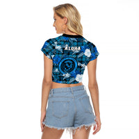 Hawaii State Raglan Cropped T Shirt Tropical Flowers Mix Tartan Blue Version - Wonder Print Shop