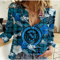 Hawaii State Women Casual Shirt Tropical Flowers Mix Tartan Blue Version - Wonder Print Shop