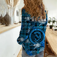 Hawaii State Women Casual Shirt Tropical Flowers Mix Tartan Blue Version - Wonder Print Shop