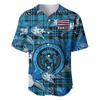 (Custom Personalised) Hawaii State Baseball Jersey Tropical Flowers Mix Tartan Blue Version - Wonder Print Shop