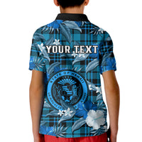 Custom Hawaii State Polo Shirt for Kid Tropical Flowers Mix Tartan Blue Version - Wonder Print Shop