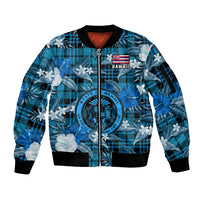 (Custom Personalised) Hawaii State Sleeve Zip Bomber Jacket Tropical Flowers Mix Tartan Blue Version - Wonder Print Shop