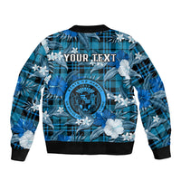(Custom Personalised) Hawaii State Sleeve Zip Bomber Jacket Tropical Flowers Mix Tartan Blue Version - Wonder Print Shop
